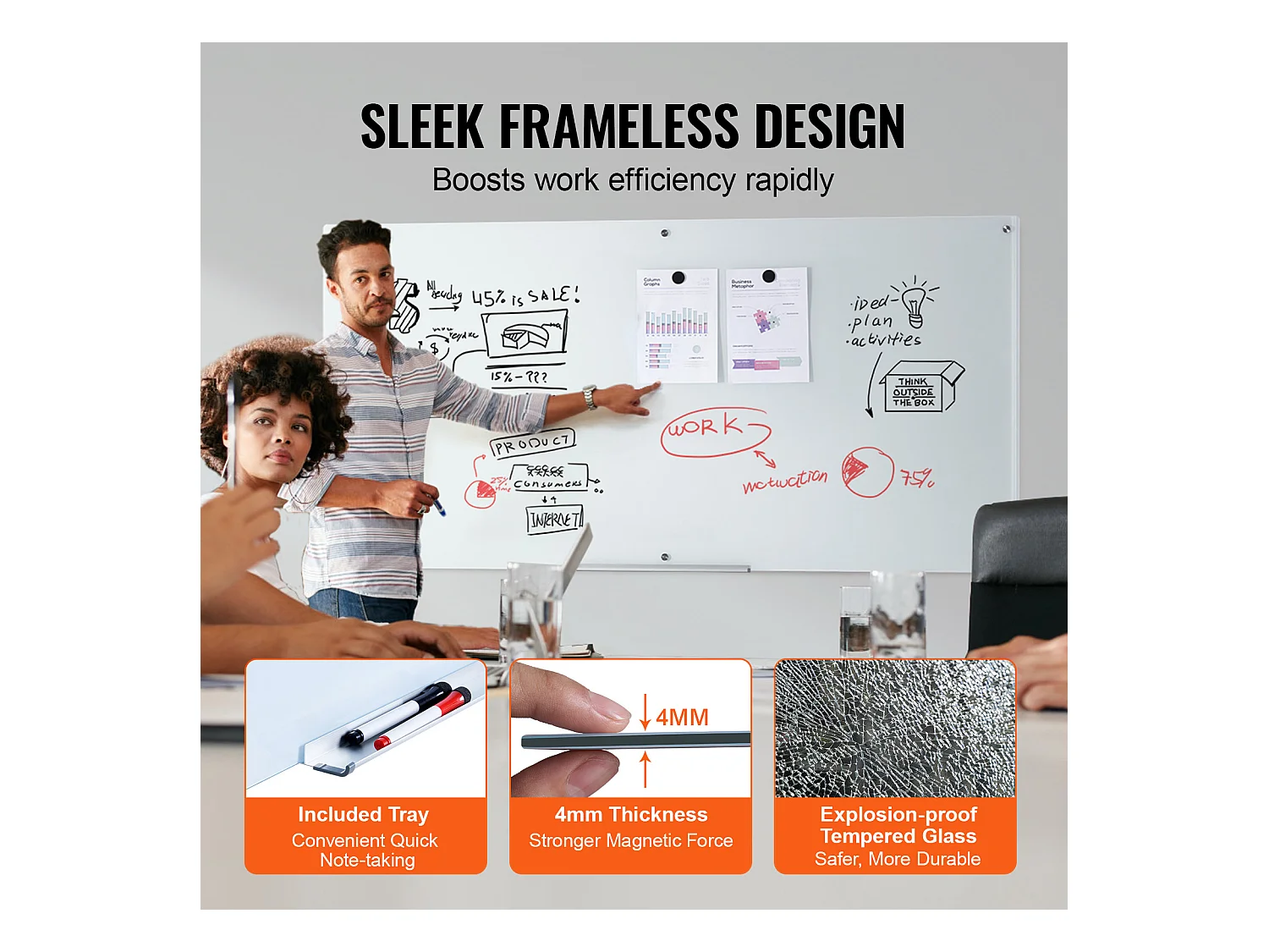Tableau Blanc Magnétique en Verre SucceBuy, 182,9x91,5 cm, Effaçable à Sec Sans Cadre