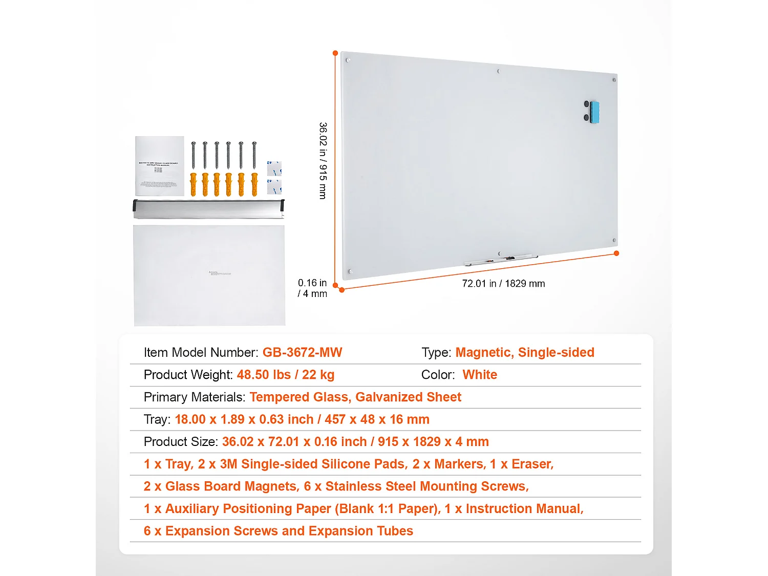 Tableau Blanc Magnétique en Verre SucceBuy, 182,9x91,5 cm, Effaçable à Sec Sans Cadre