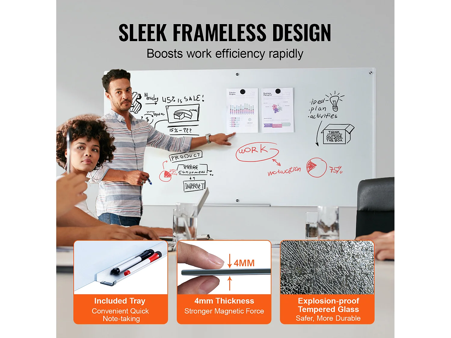 Tableau Blanc Magnétique en Verre SucceBuy, 182,9x91,5 cm, Effaçable à Sec Sans Cadre