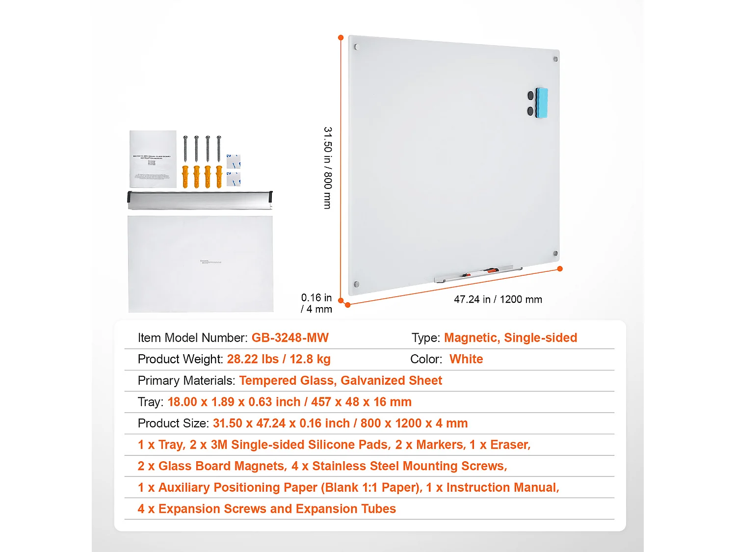 Magnetisches Glas-Whiteboard SucceBuy, 120 x 80cm, Trockenabwischbar ohne Rahmen