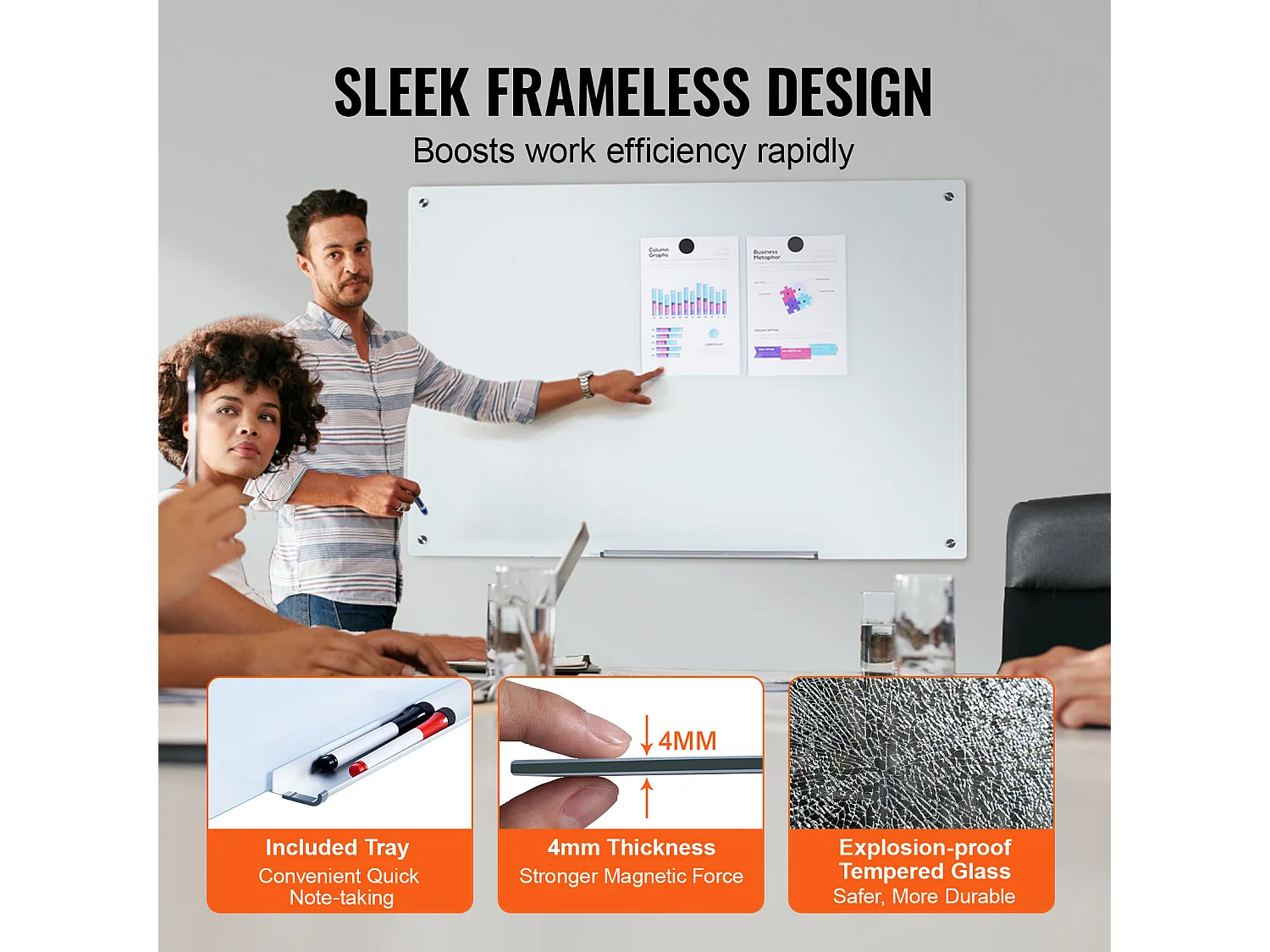 Magnetisches Glas-Whiteboard SucceBuy, 120 x 80cm, Trockenabwischbar ohne Rahmen