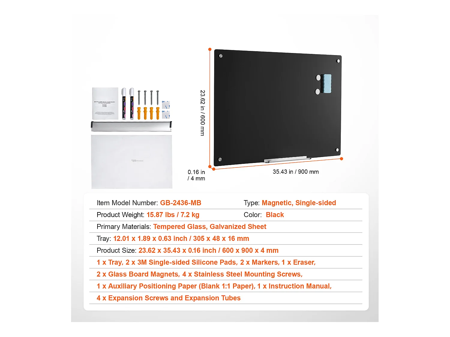Tableau Magnétique en Verre Noir SucceBuy, 90 x 60 cm, Effaçable à Sec Sans Cadre