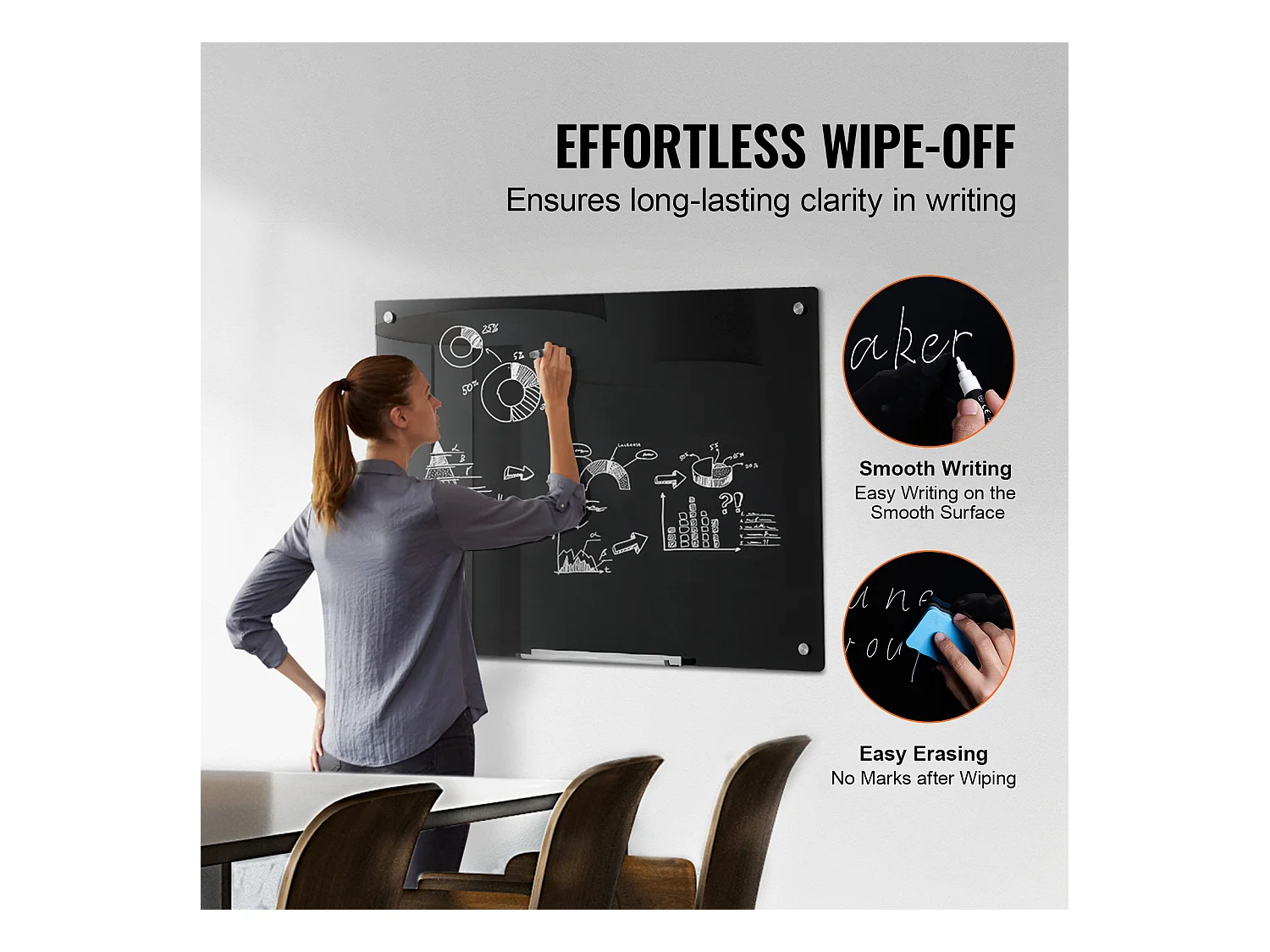 Tableau Magnétique en Verre Noir SucceBuy, 90 x 60 cm, Effaçable à Sec Sans Cadre