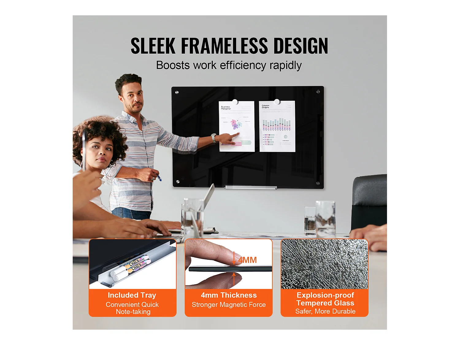 Tableau Magnétique en Verre Noir SucceBuy, 90 x 60 cm, Effaçable à Sec Sans Cadre