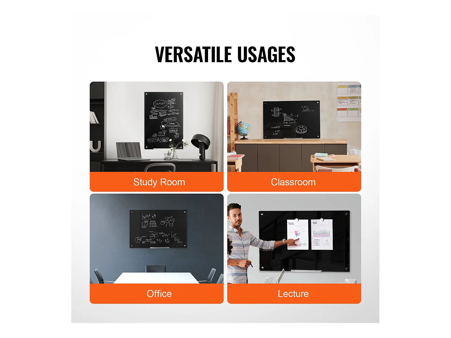Tableau Magnétique en Verre Noir SucceBuy, 90 x 60 cm, Effaçable à Sec Sans Cadre