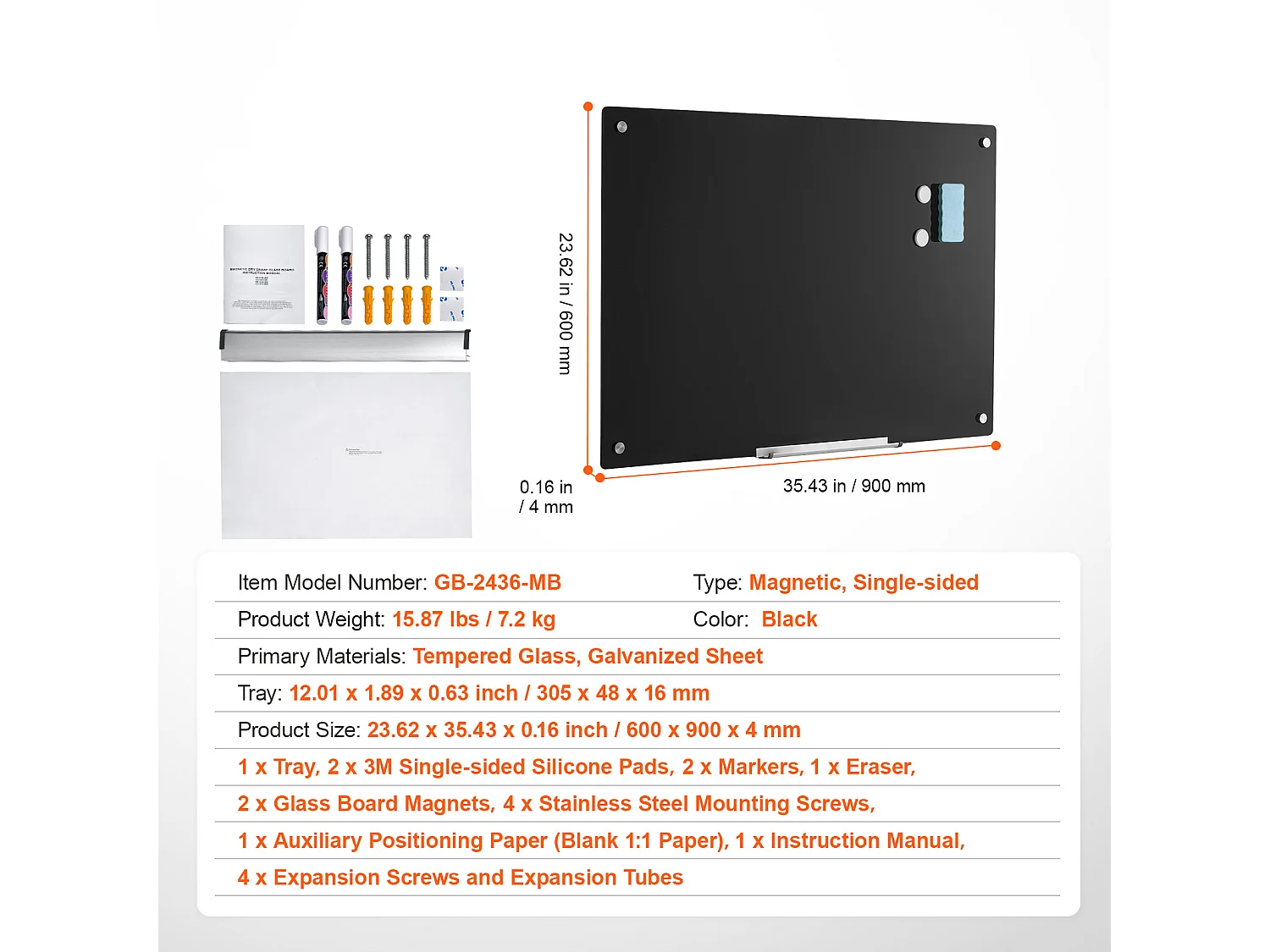Czarna Szklana Tablica Magnetyczna SucceBuy, 90 x 60 cm, Suchościeralna, Bez Ramy