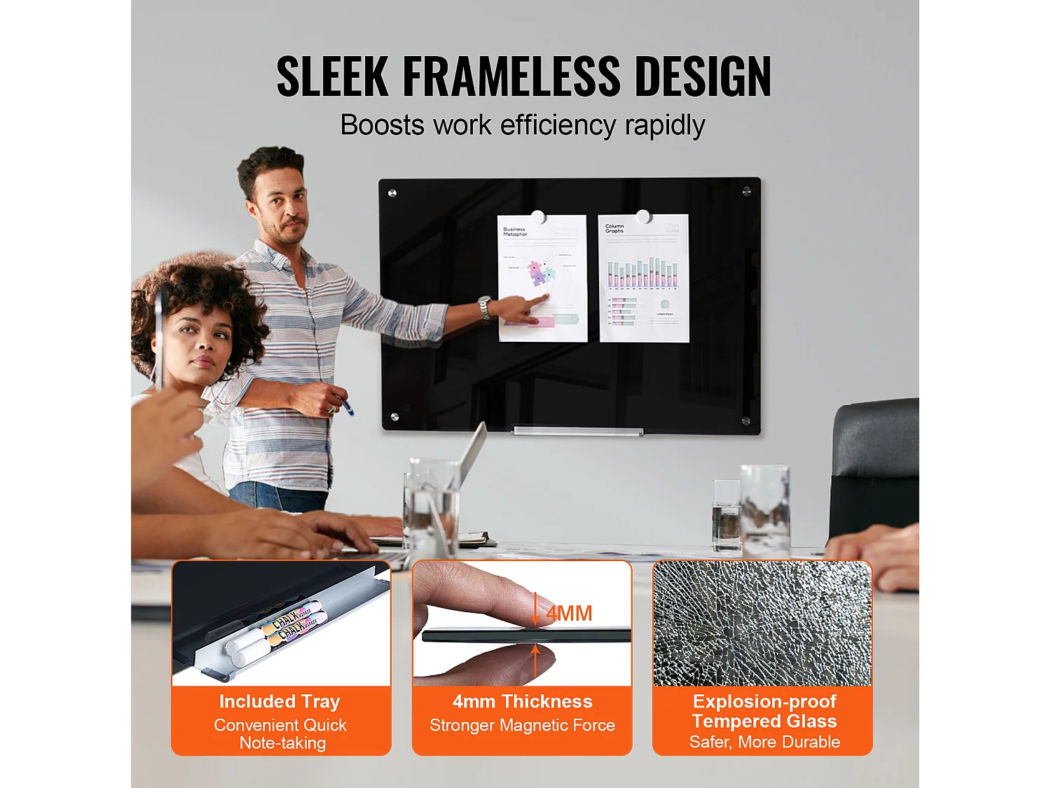 Czarna Szklana Tablica Magnetyczna SucceBuy, 90 x 60 cm, Suchościeralna, Bez Ramy