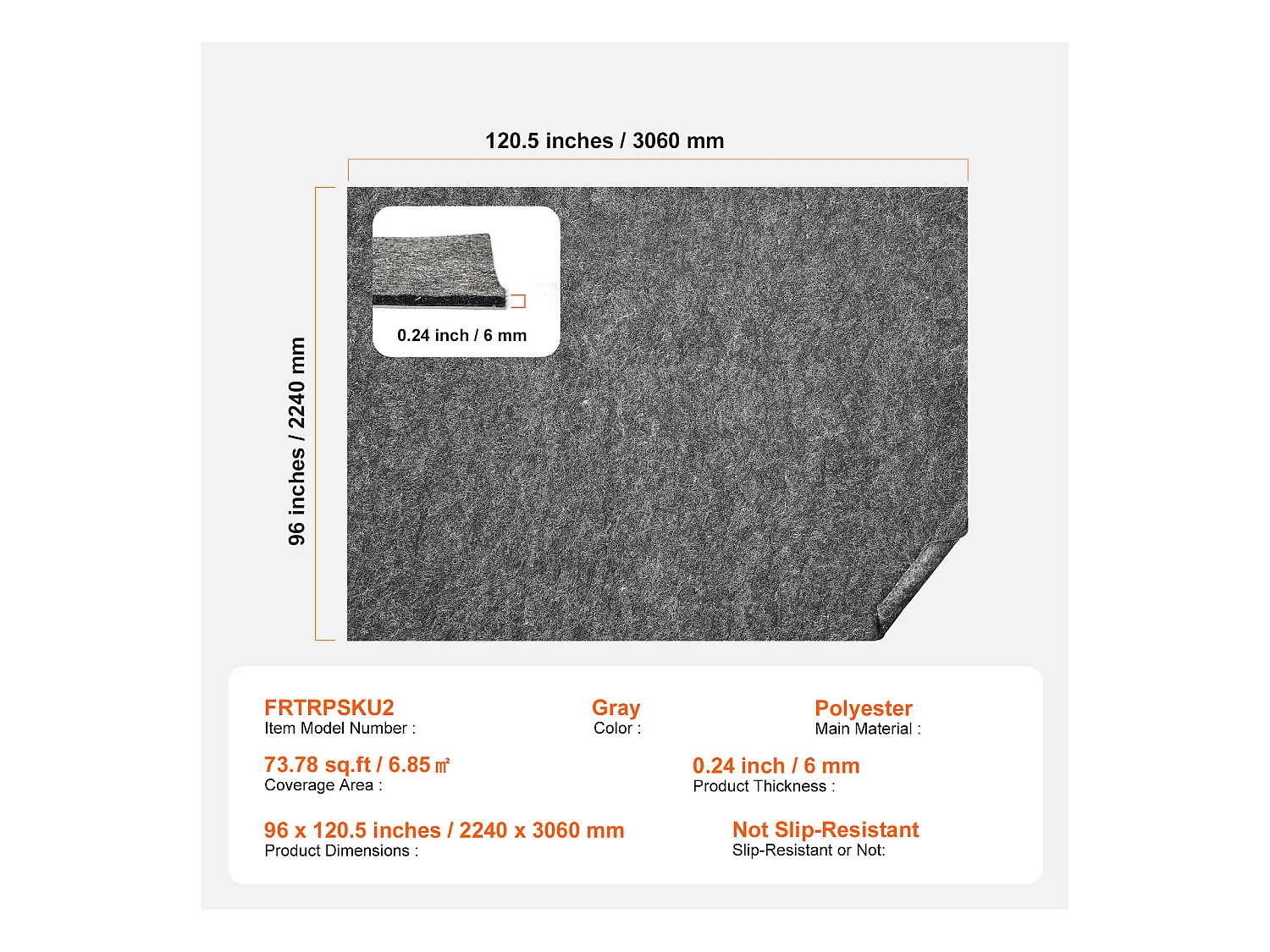 Tapis Antidérapant SucceBuy, 224x306 cm, 6 mm d'Épaisseur, pour Tous les Sols, Couleur Grise