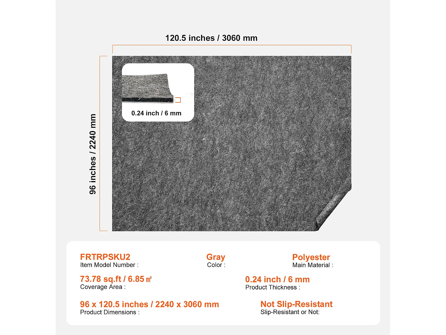 Tapis Antidérapant SucceBuy, 224x306 cm, 6 mm d'Épaisseur, pour Tous les Sols, Couleur Grise