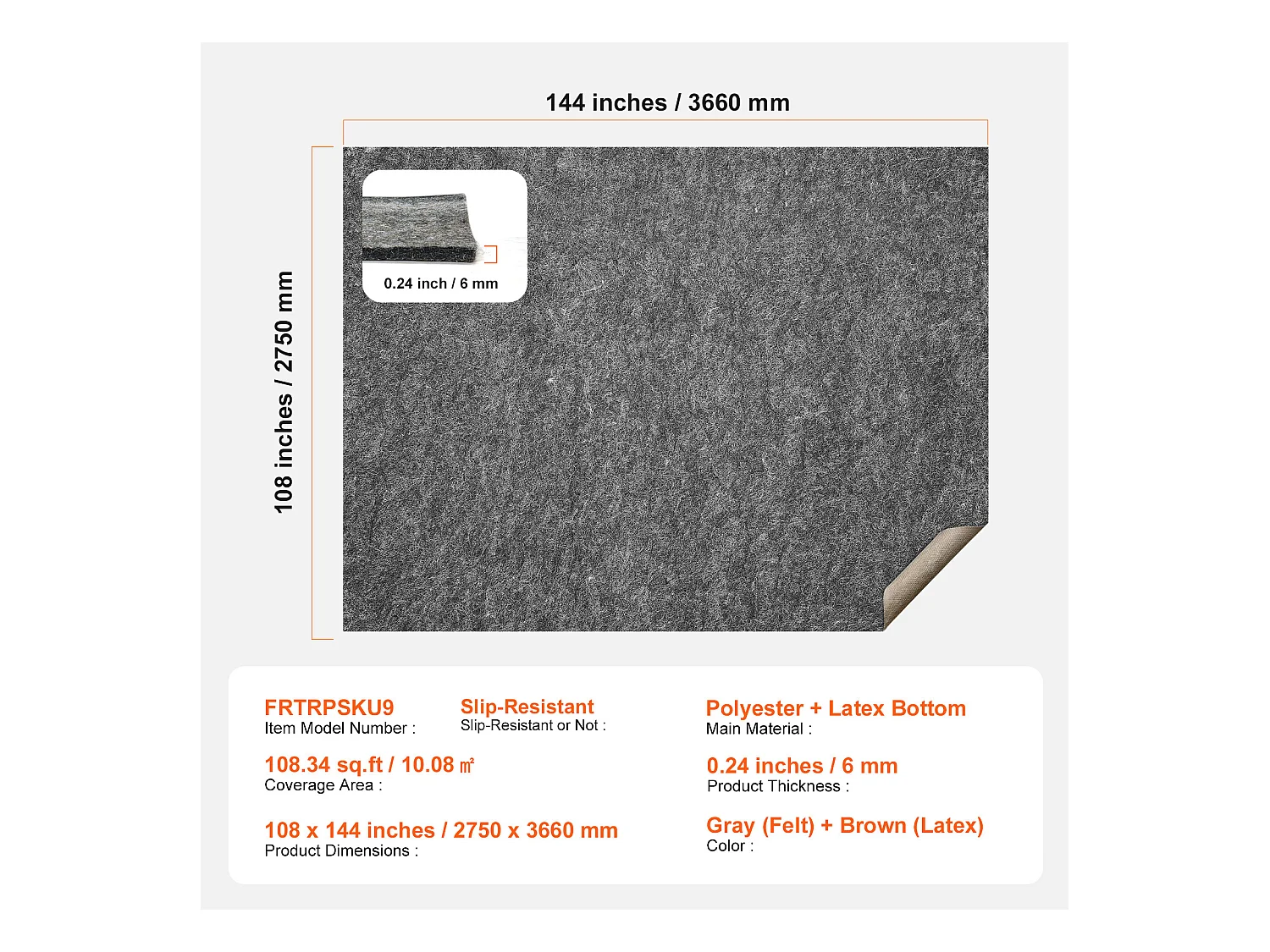 Tapis Antidérapant Gripper SucceBuy, 275x366 cm, 6 mm d'Épaisseur, pour Tous les Sols, Couleur Non Spécifiée