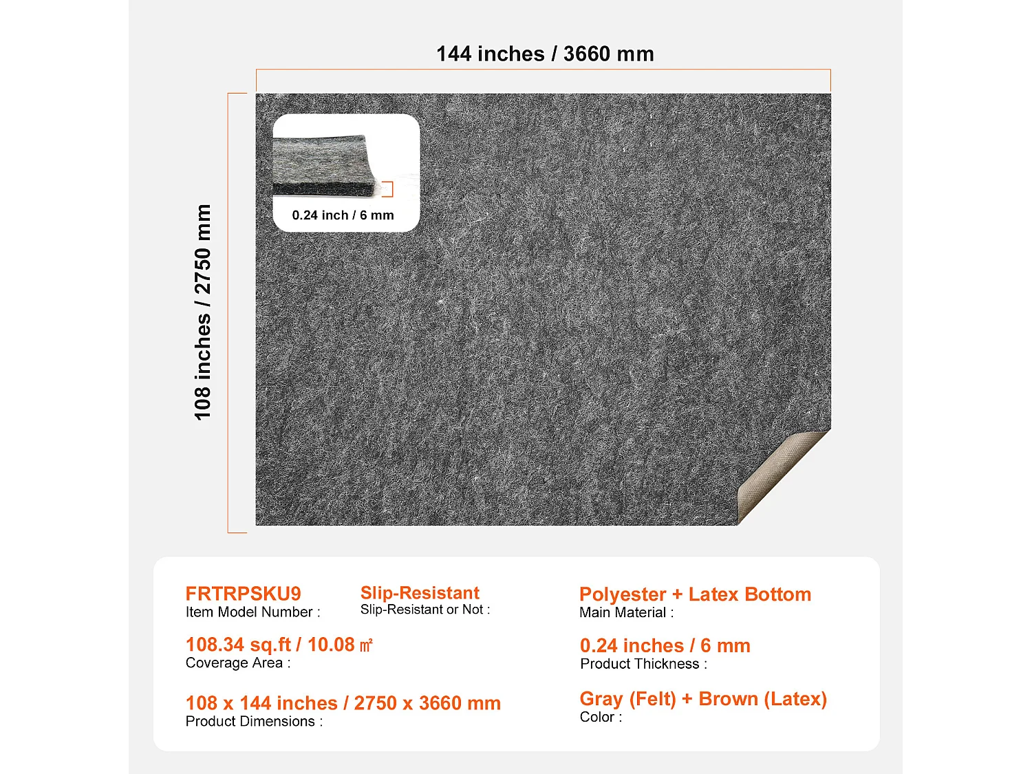 Tapis Antidérapant Gripper SucceBuy, 275x366 cm, 6 mm d'Épaisseur, pour Tous les Sols, Couleur Non Spécifiée