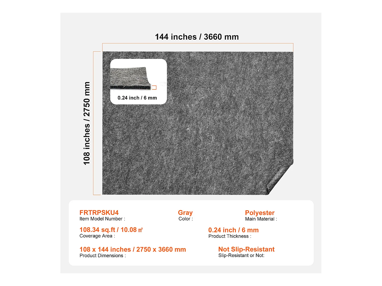 Tapis Antidérapant SucceBuy, 275x366 cm, 6 mm d'Épaisseur, pour Tous les Sols, Couleur Non Spécifiée