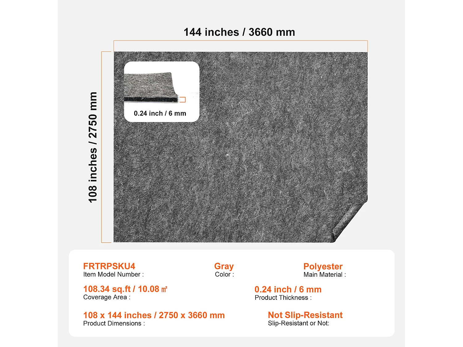 Tapis Antidérapant SucceBuy, 275x366 cm, 6 mm d'Épaisseur, pour Tous les Sols, Couleur Non Spécifiée