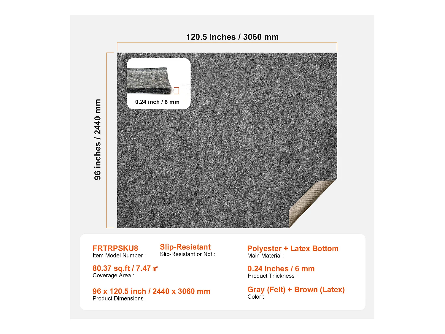 Tapis Antidérapant SucceBuy, 244x306 cm, 6 mm d'Épaisseur, pour Tous les Sols, Gris