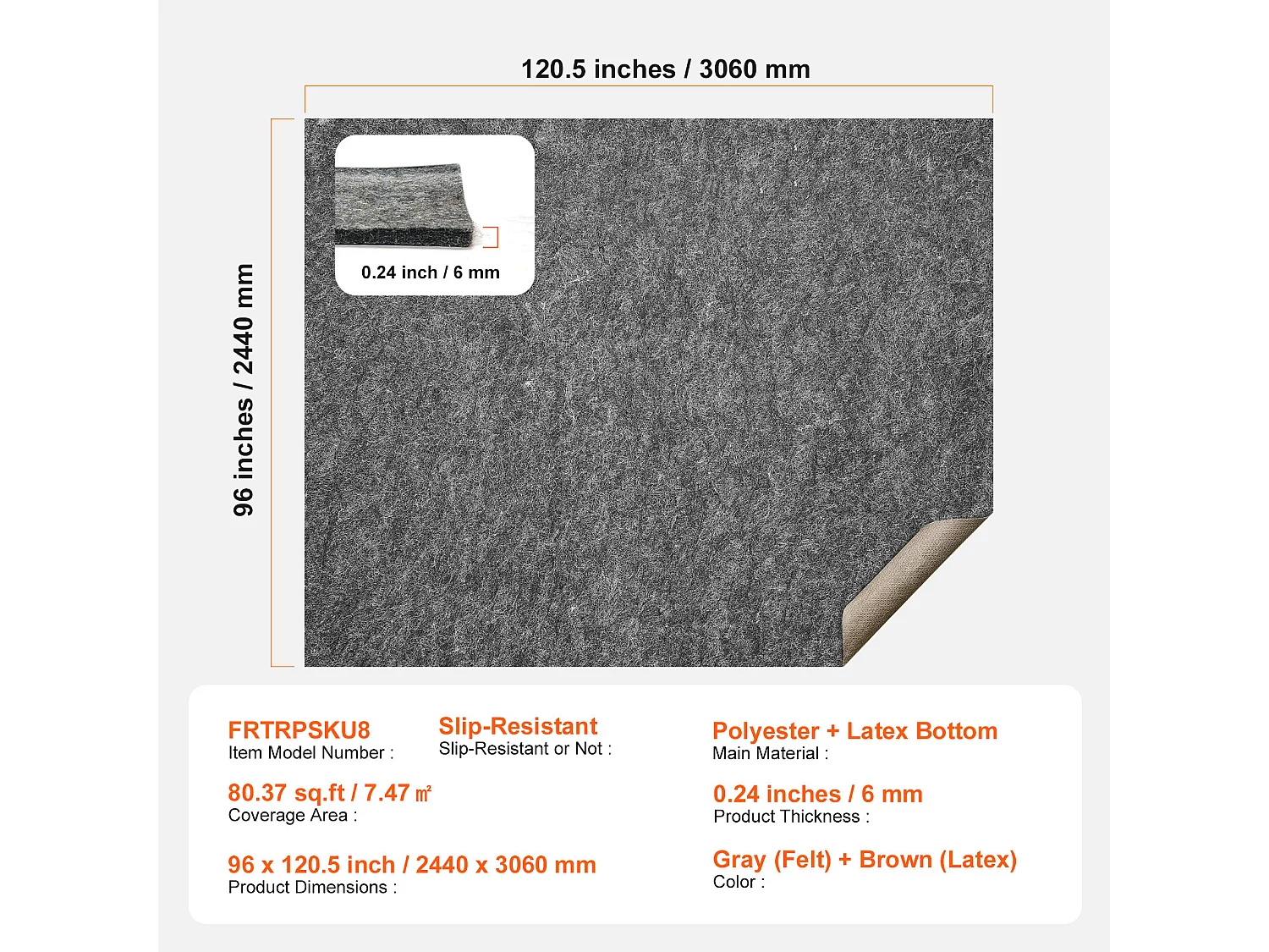 Tapis Antidérapant SucceBuy, 244x306 cm, 6 mm d'Épaisseur, pour Tous les Sols, Gris