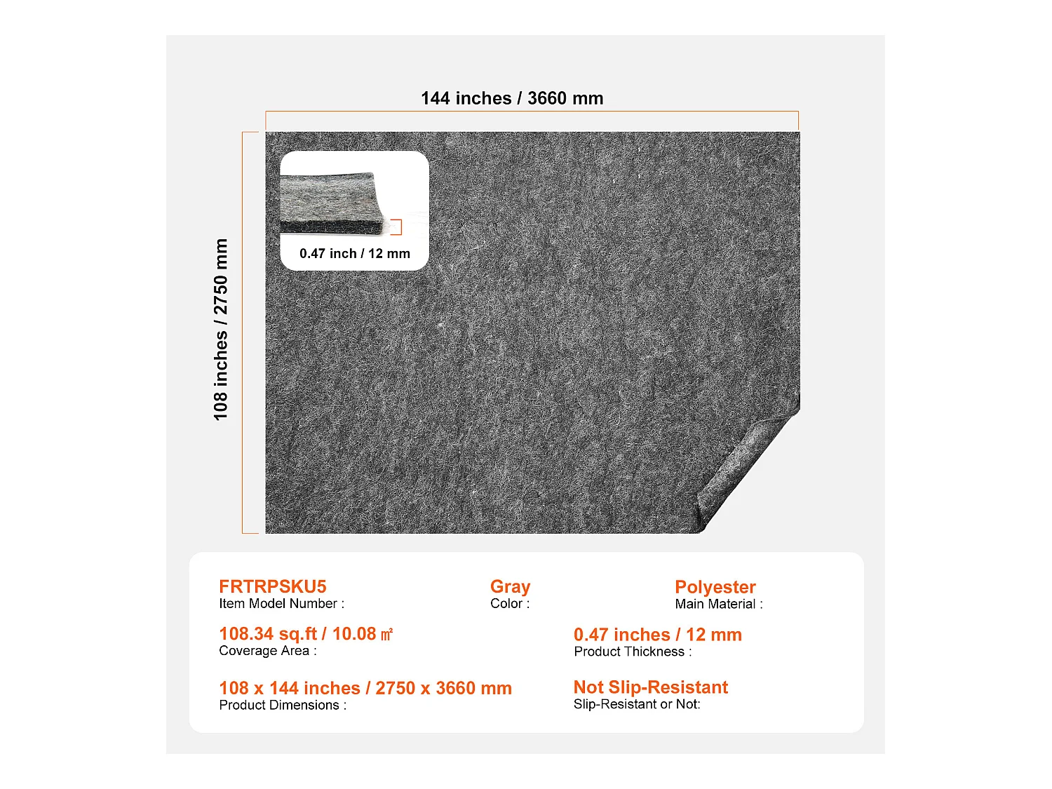 Tapis Antidérapant SucceBuy, 275x366 cm, 12 mm d'Épaisseur, pour Tous les Sols