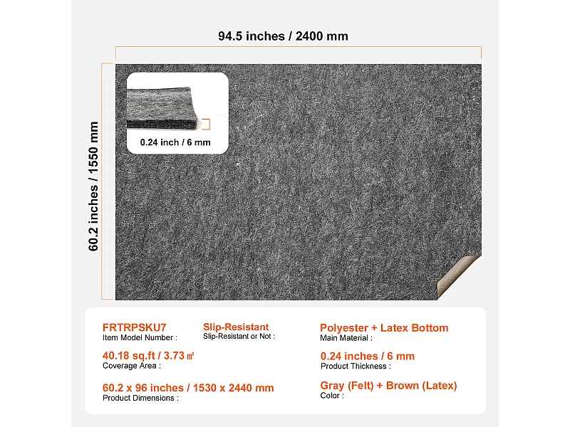 Tapis Antidérapant pour Tapis SucceBuy, 153x244 cm, 6 mm d'Épaisseur, pour Sol, Couleur Non Spécifiée