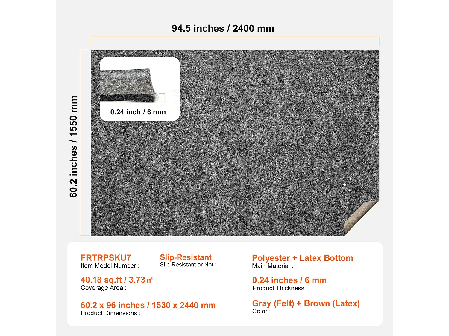 Tapis Antidérapant pour Tapis SucceBuy, 153x244 cm, 6 mm d'Épaisseur, pour Sol, Couleur Non Spécifiée