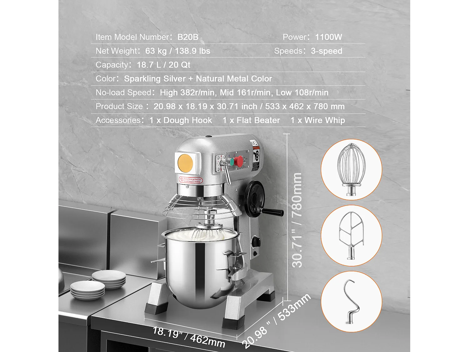Mixeur Alimentaire Commercial SucceBuy 18,7 L 1100 W 3 Vitesses Mélangeur de Pâte sur Socle pour Restaurant