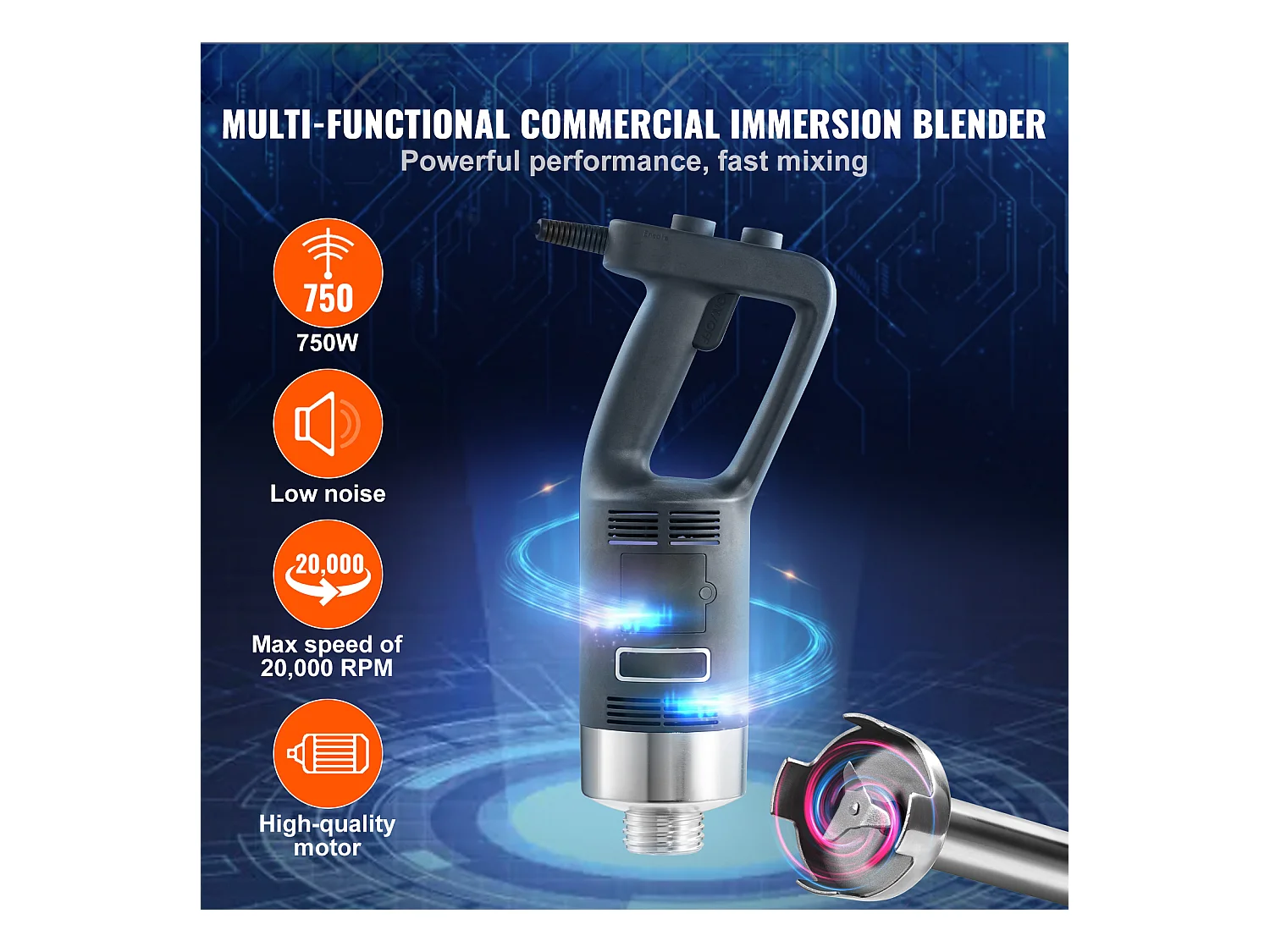 Mixeur Commercial SucceBuy, Mélangeur à Immersion Commercial, 750 W, en Acier Inoxydable, Mixeur à Main Robuste, Vitesse Variable