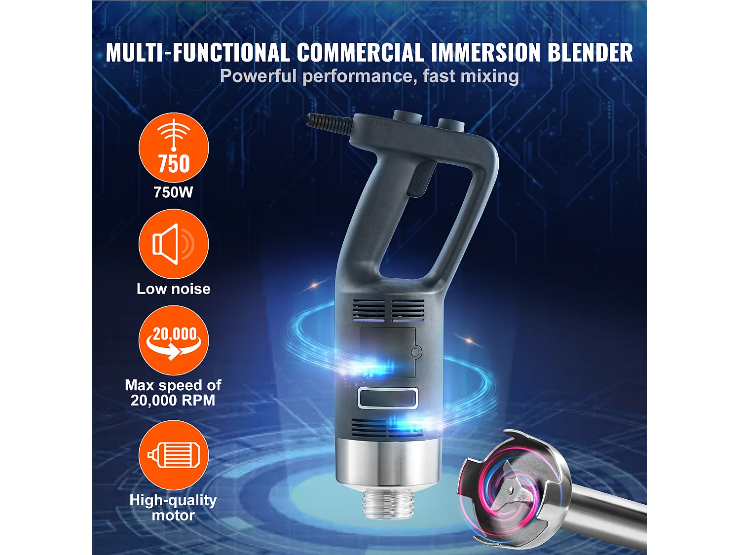 Mixeur Commercial SucceBuy, Mélangeur à Immersion Commercial, 750 W, en Acier Inoxydable, Mixeur à Main Robuste, Vitesse Variable