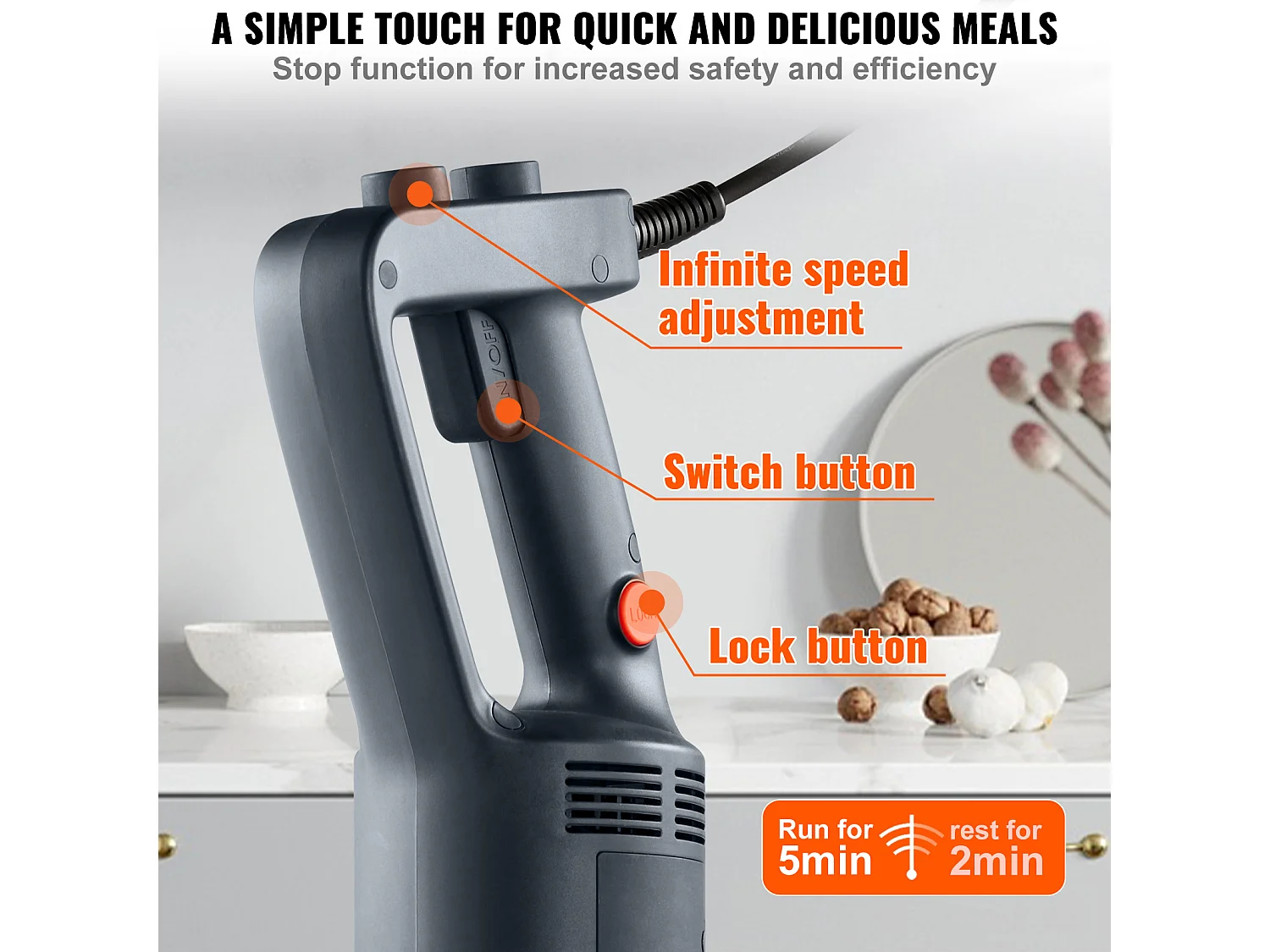 Mixeur Commercial SucceBuy, Mélangeur à Immersion Commercial, 750 W, en Acier Inoxydable, Mixeur à Main Robuste, Vitesse Variable