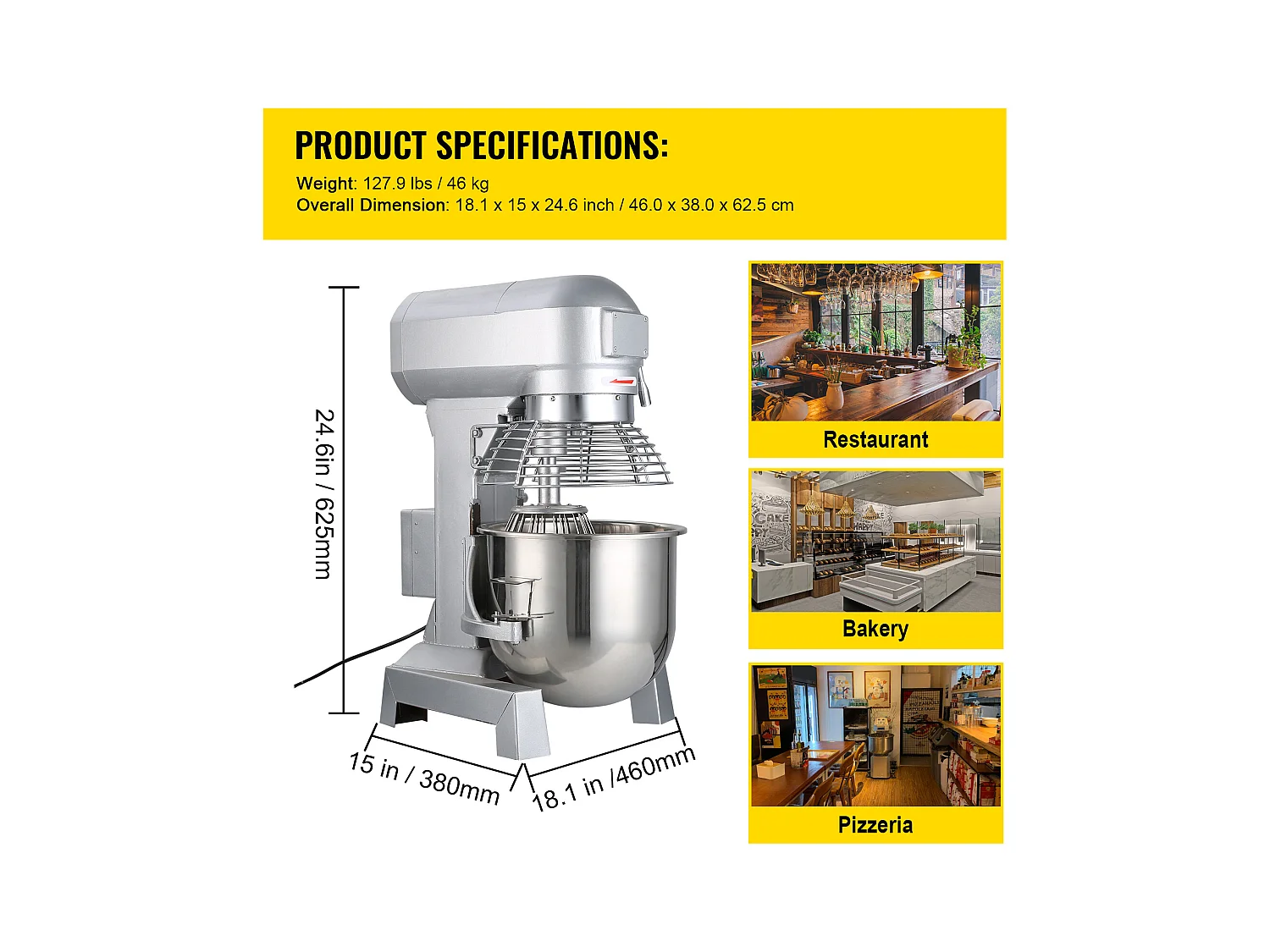 Mixeur SucceBuy, Mélangeur Commercial, 9.5 L à 3 Vitesses Réglables, Mélangeur de Pâtisserie pour une Utilisation Professionnelle en Cuisine