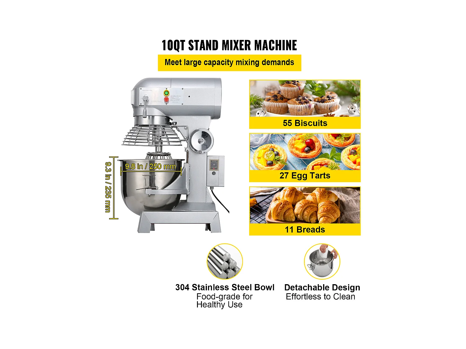 Mixeur SucceBuy, Mélangeur Commercial, 9.5 L à 3 Vitesses Réglables, Mélangeur de Pâtisserie pour une Utilisation Professionnelle en Cuisine