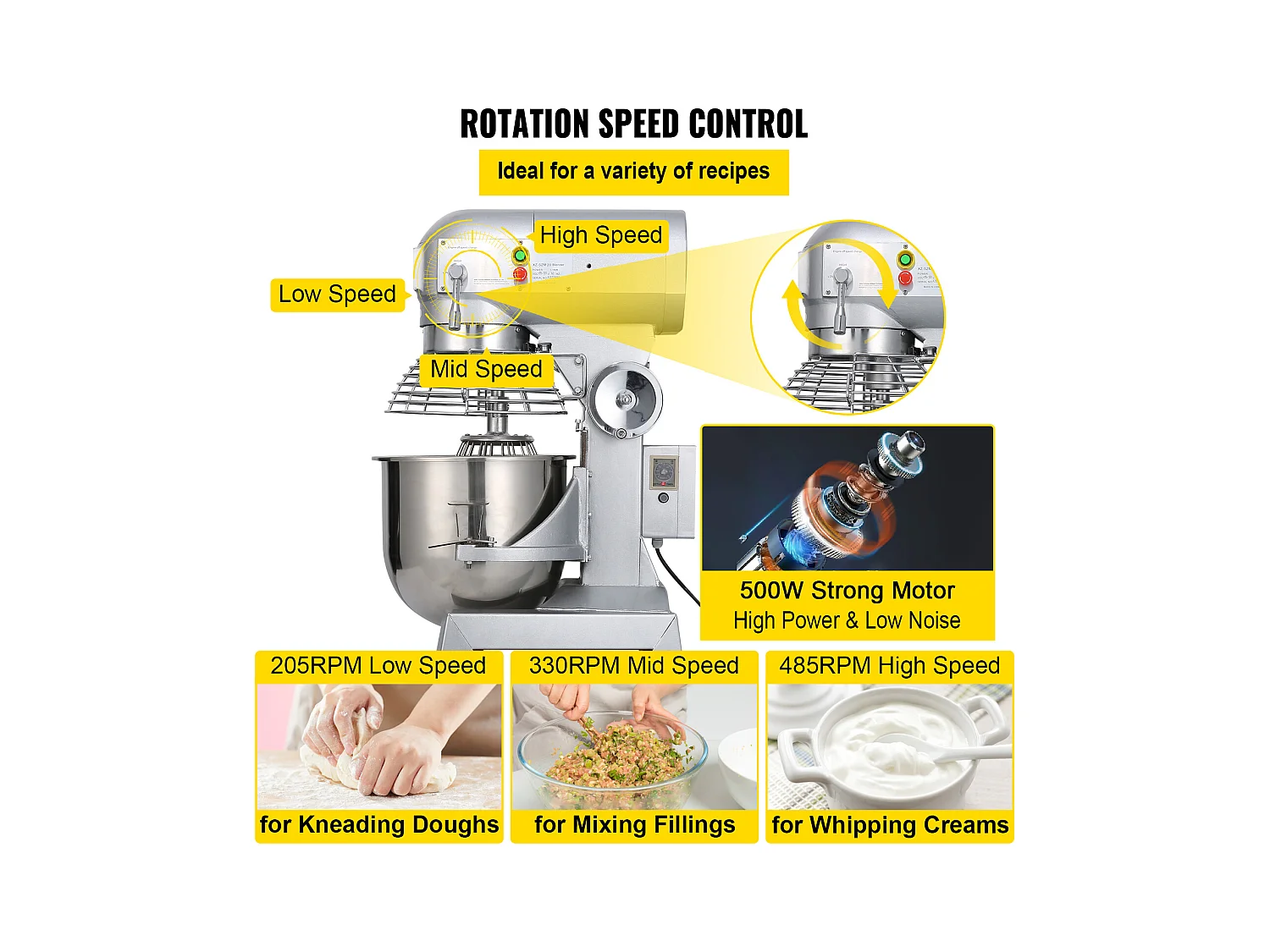 Mixeur SucceBuy, Mélangeur Commercial, 9.5 L à 3 Vitesses Réglables, Mélangeur de Pâtisserie pour une Utilisation Professionnelle en Cuisine