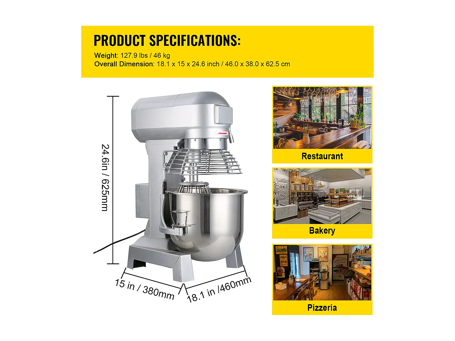 Mixeur SucceBuy, Mélangeur Commercial, 9.5 L à 3 Vitesses Réglables, Mélangeur de Pâtisserie pour une Utilisation Professionnelle en Cuisine