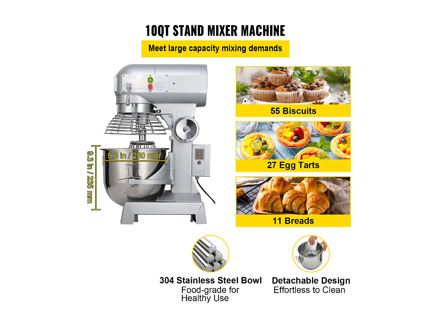 Mixeur SucceBuy, Mélangeur Commercial, 9.5 L à 3 Vitesses Réglables, Mélangeur de Pâtisserie pour une Utilisation Professionnelle en Cuisine