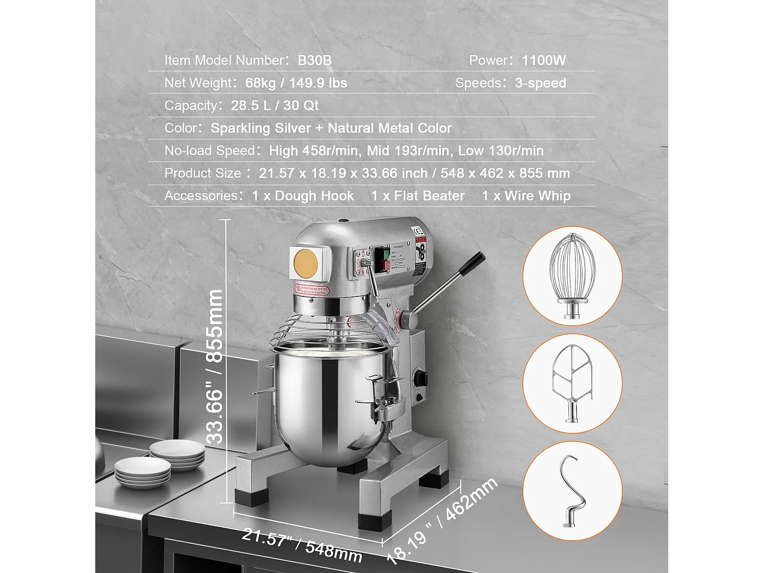 Gewerblicher Lebensmittelmixer SucceBuy, Standmixer, 28,5 L, 1100 W, 3 Geschwindigkeiten, für Restaurant, Bäckerei, Konditorei, Café
