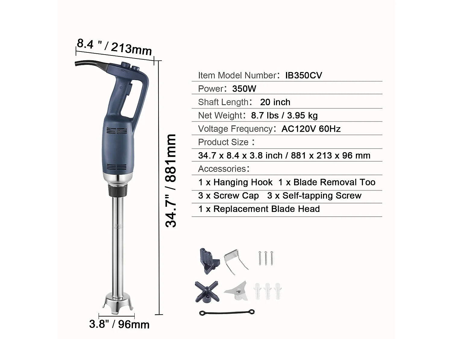 Mixeur Commercial SucceBuy, Mélangeur à Immersion, 350 W, 508 mm, Mélangeur à Main Robuste, avec Lame en Acier Inoxydable