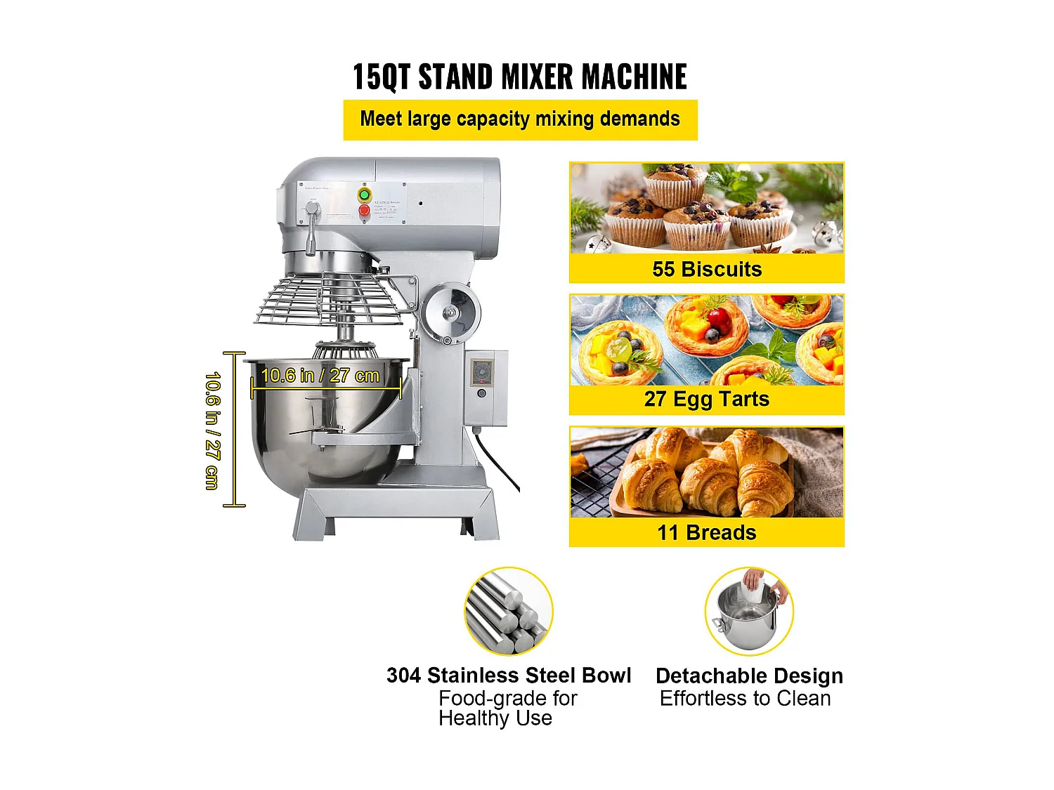 Misturador SucceBuy 14 L 600 W, Misturador sobre Base Robusta com 3 Velocidades para Alimentos e Massas