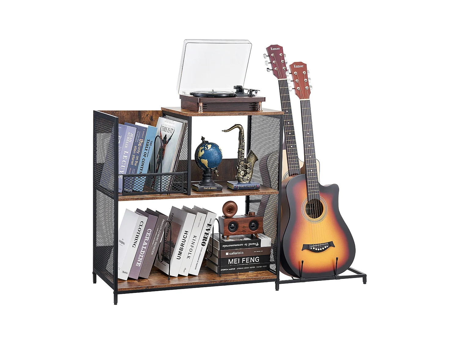 Meuble DVD SucceBuy Support pour Tourne-Disque, Support pour Platine Vinyle en Métal à 3 Niveaux avec Rangement pour Guitare