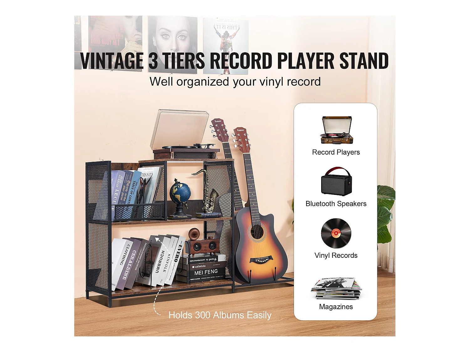 Meuble DVD SucceBuy Support pour Tourne-Disque, Support pour Platine Vinyle en Métal à 3 Niveaux avec Rangement pour Guitare