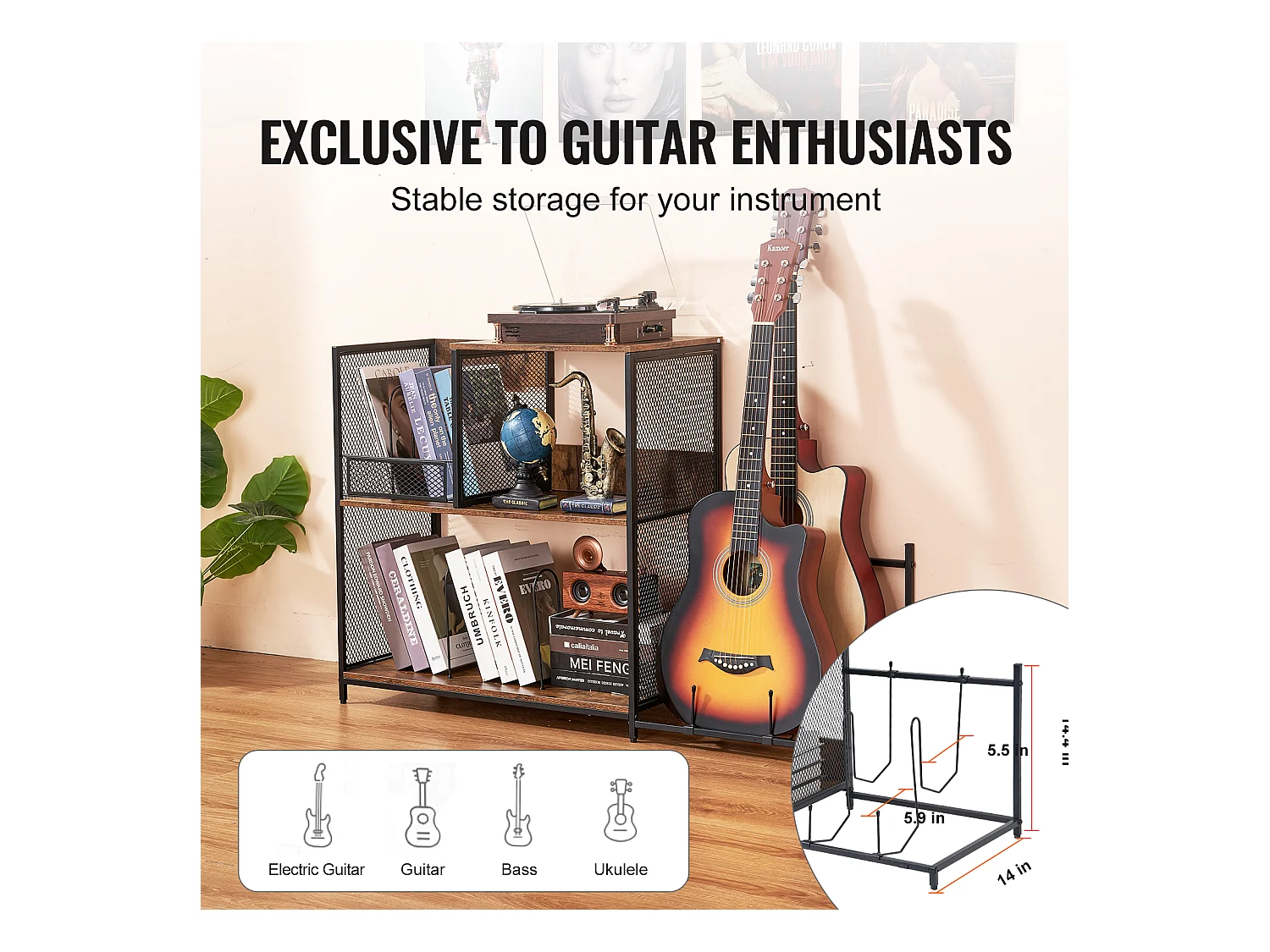 Meuble DVD SucceBuy Support pour Tourne-Disque, Support pour Platine Vinyle en Métal à 3 Niveaux avec Rangement pour Guitare