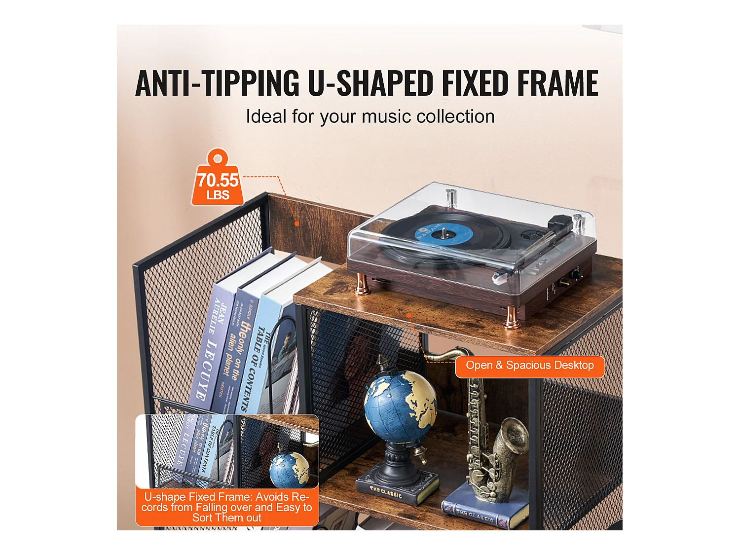 Meuble DVD SucceBuy Support pour Tourne-Disque, Support pour Platine Vinyle en Métal à 3 Niveaux avec Rangement pour Guitare