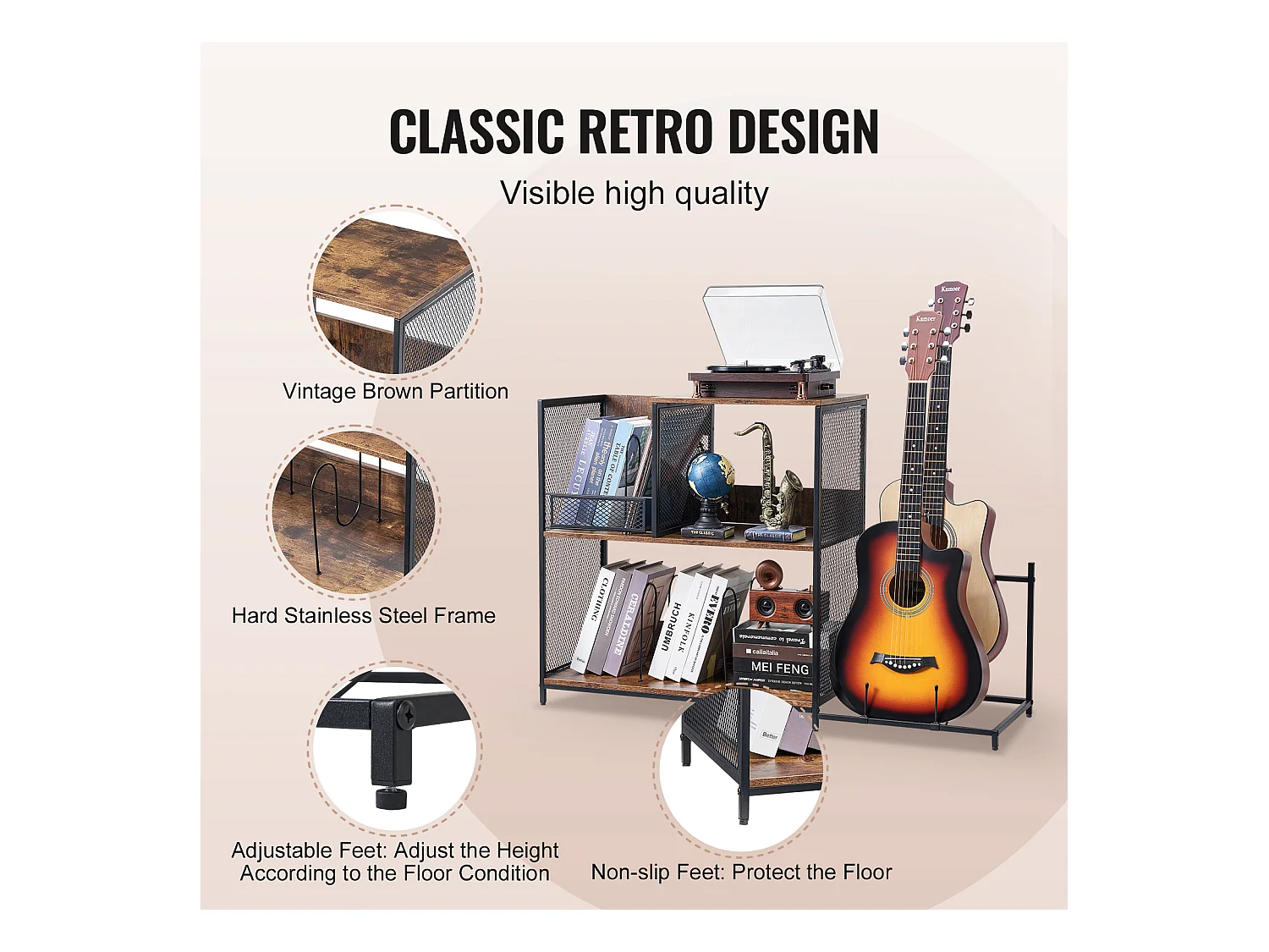 Meuble DVD SucceBuy Support pour Tourne-Disque, Support pour Platine Vinyle en Métal à 3 Niveaux avec Rangement pour Guitare