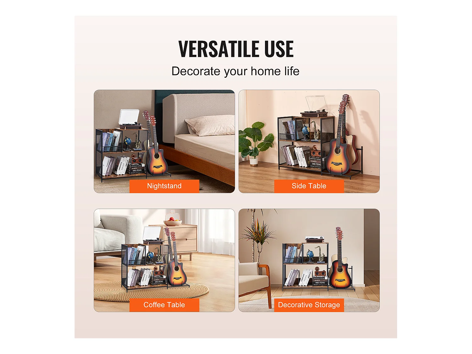 Meuble DVD SucceBuy Support pour Tourne-Disque, Support pour Platine Vinyle en Métal à 3 Niveaux avec Rangement pour Guitare