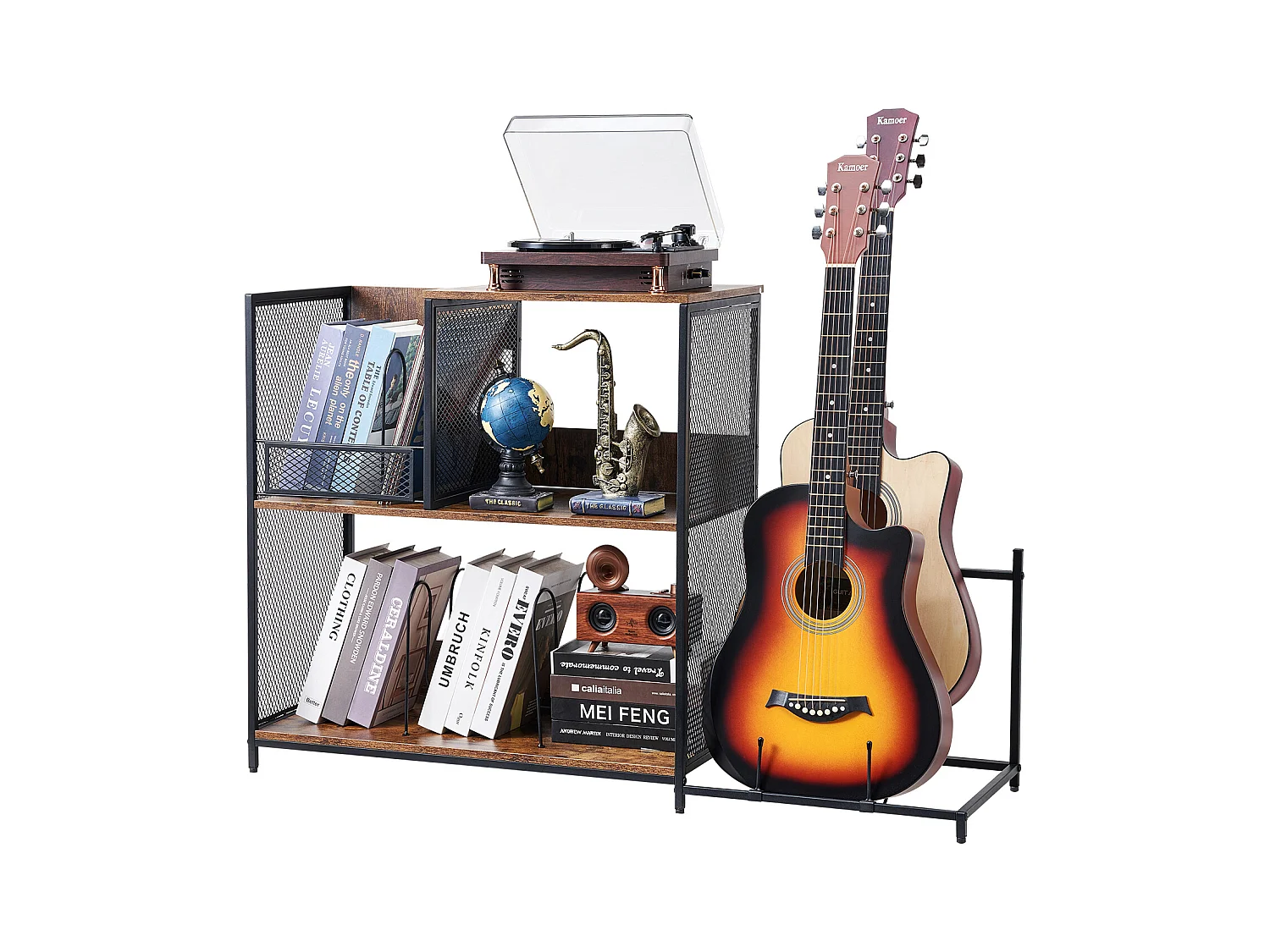 Meuble DVD SucceBuy Support pour Tourne-Disque, Support pour Platine Vinyle en Métal à 3 Niveaux avec Rangement pour Guitare