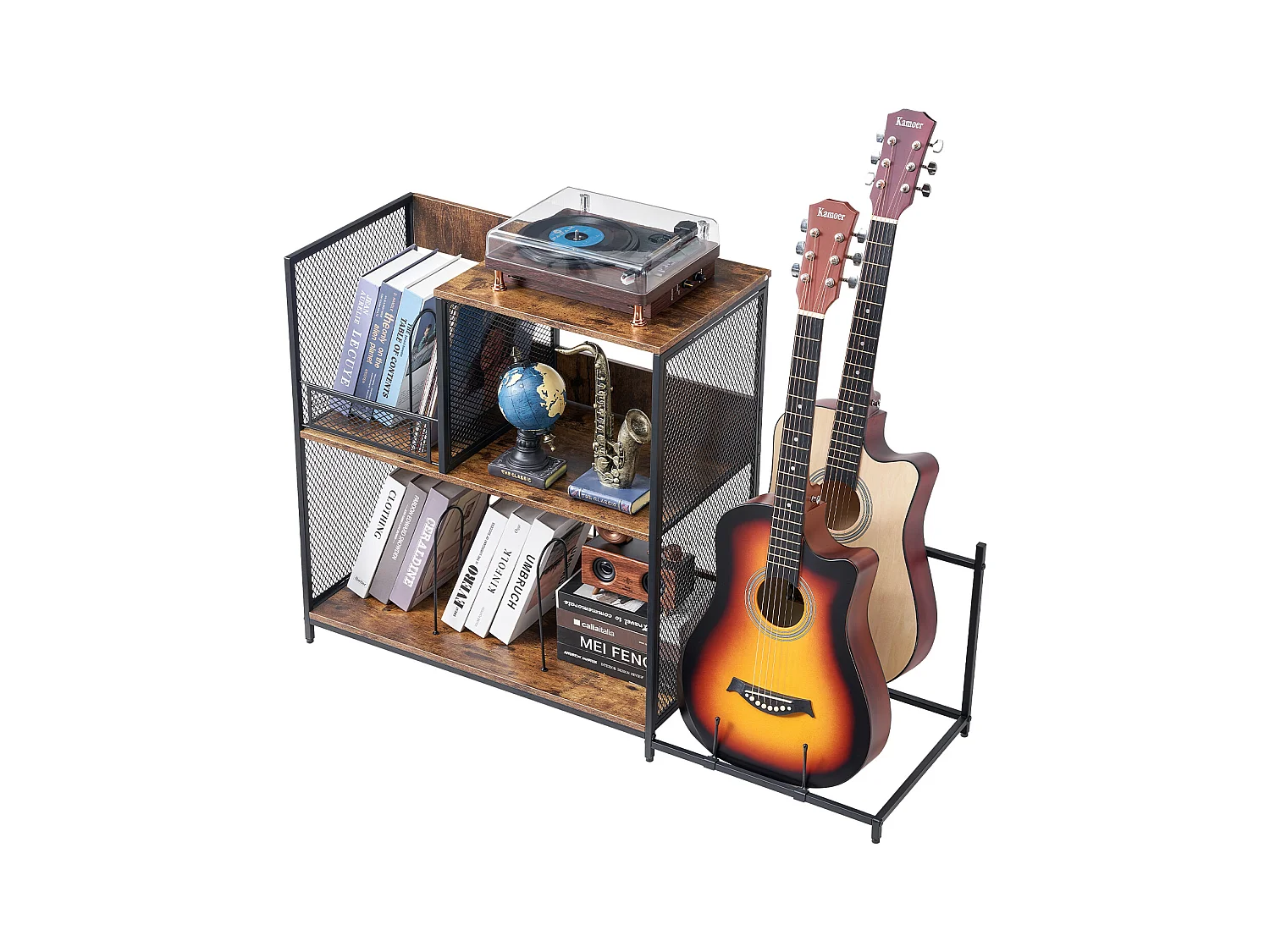 Meuble DVD SucceBuy Support pour Tourne-Disque, Support pour Platine Vinyle en Métal à 3 Niveaux avec Rangement pour Guitare