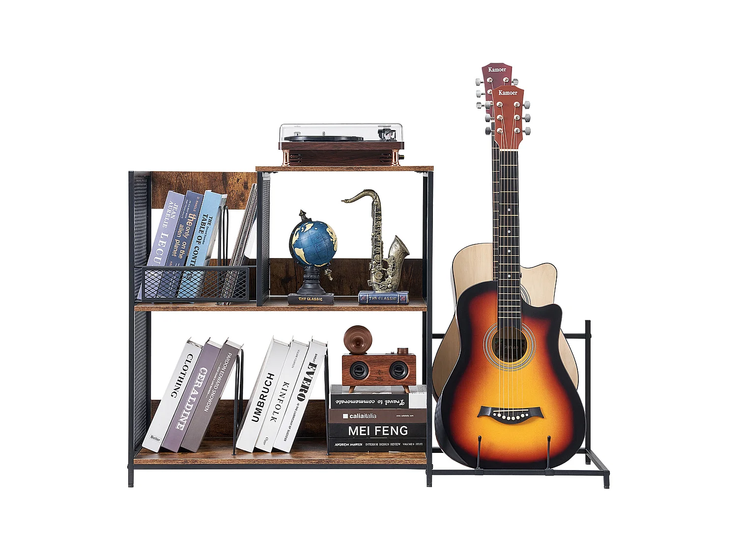 Meuble DVD SucceBuy Support pour Tourne-Disque, Support pour Platine Vinyle en Métal à 3 Niveaux avec Rangement pour Guitare