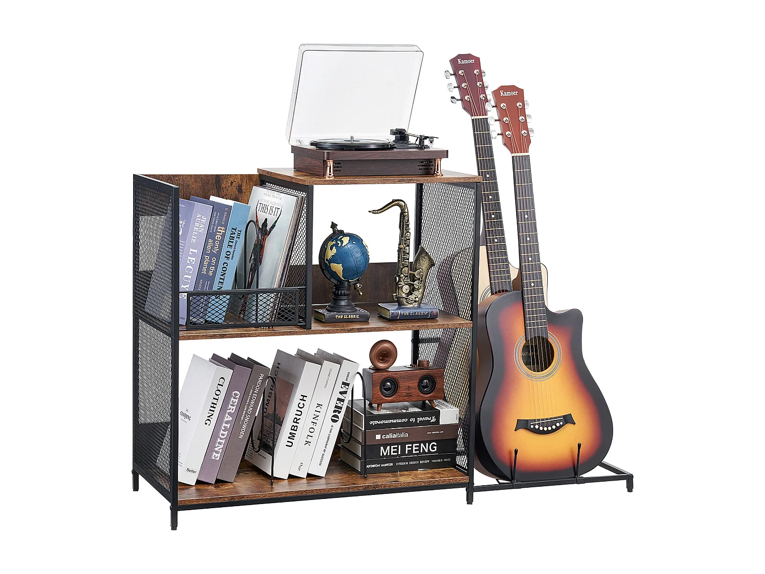 Meuble DVD SucceBuy Support pour Tourne-Disque, Support pour Platine Vinyle en Métal à 3 Niveaux avec Rangement pour Guitare