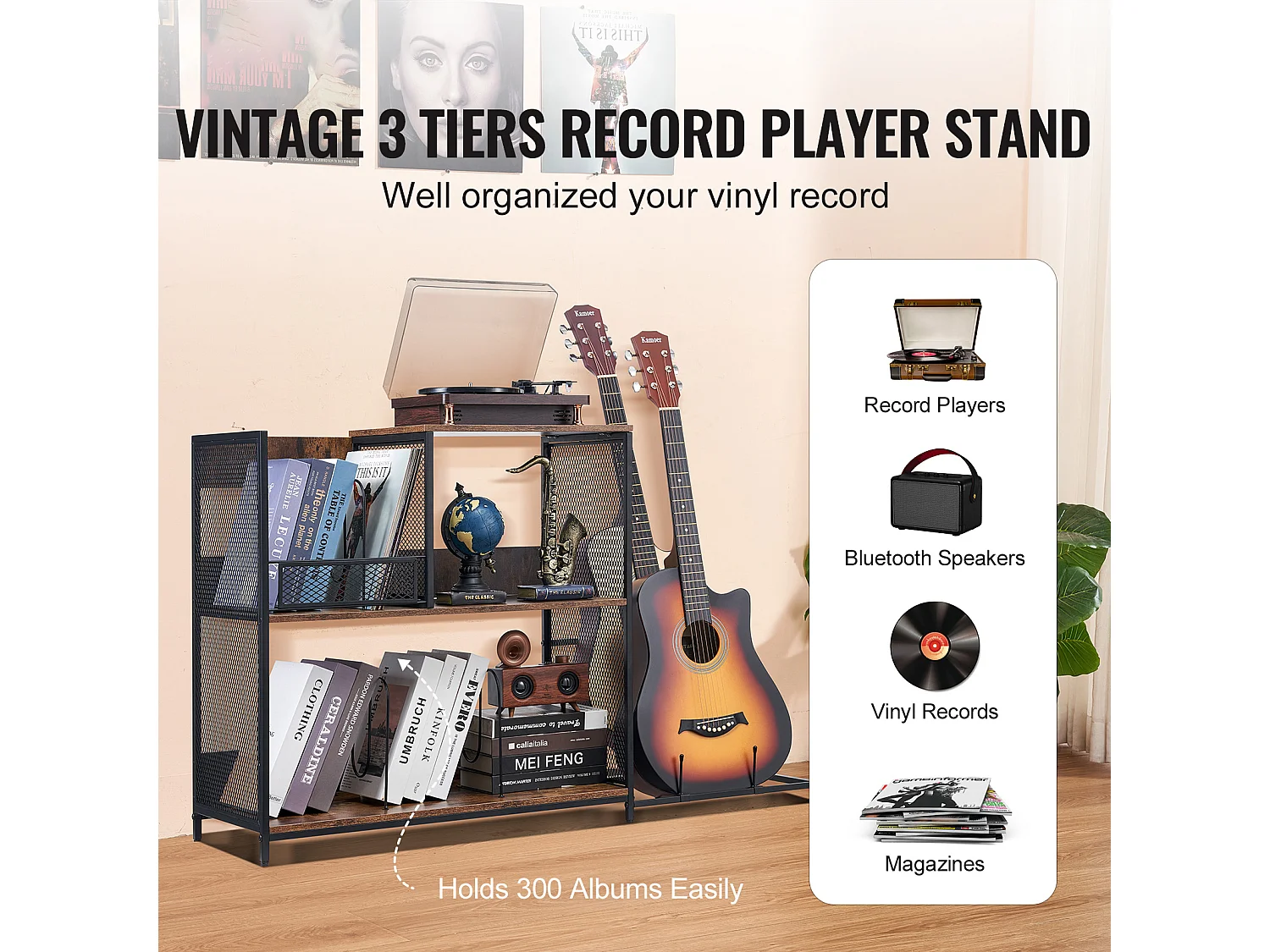 Meuble DVD SucceBuy Support pour Tourne-Disque, Support pour Platine Vinyle en Métal à 3 Niveaux avec Rangement pour Guitare