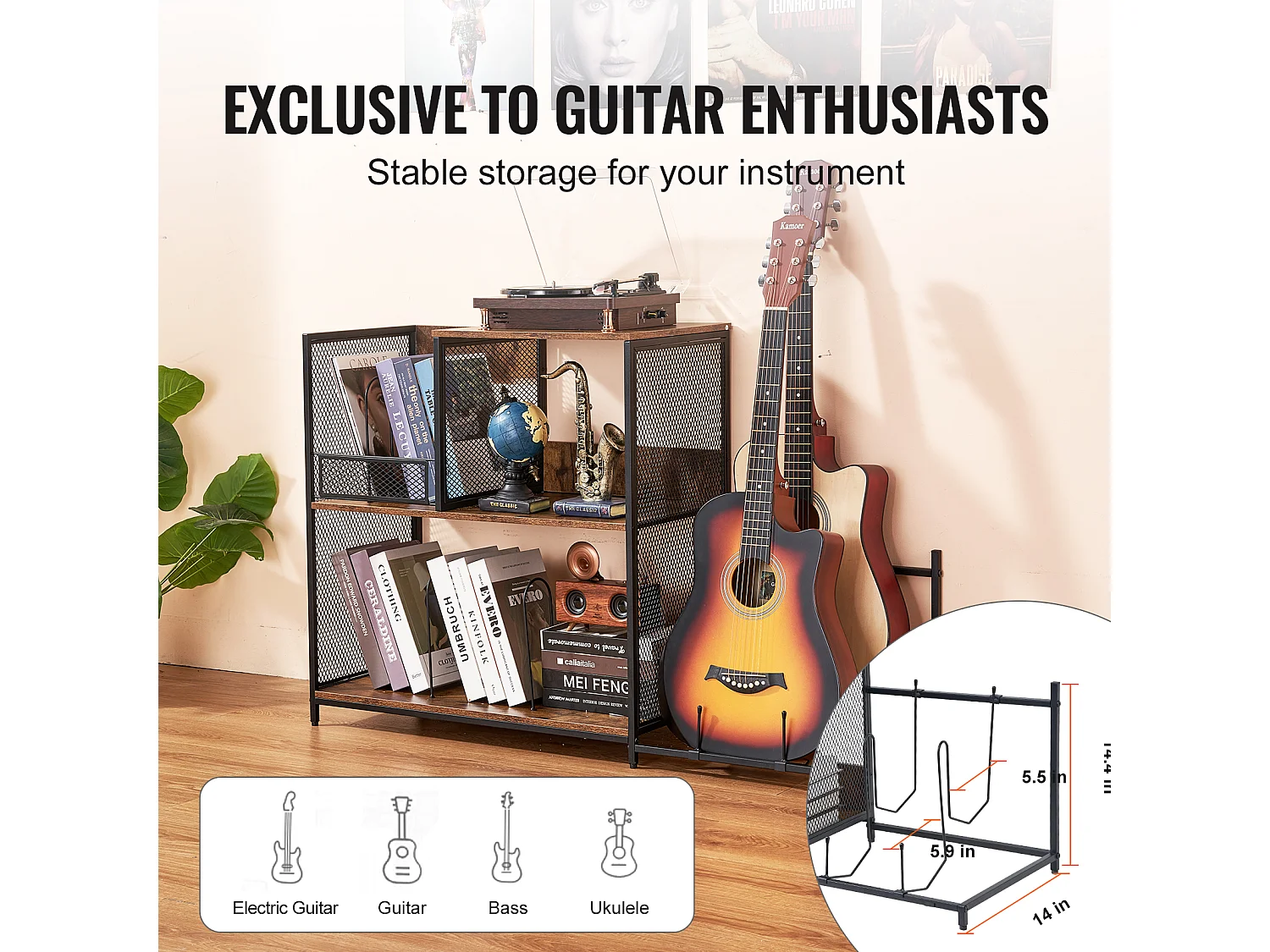 Meuble DVD SucceBuy Support pour Tourne-Disque, Support pour Platine Vinyle en Métal à 3 Niveaux avec Rangement pour Guitare