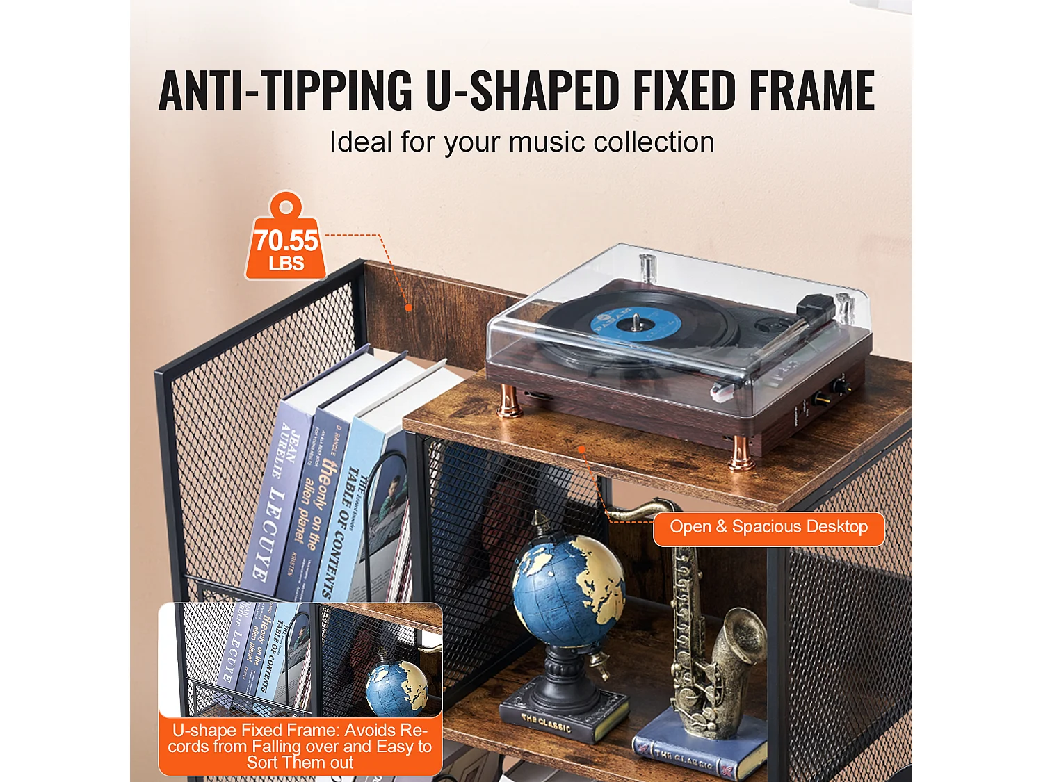 Meuble DVD SucceBuy Support pour Tourne-Disque, Support pour Platine Vinyle en Métal à 3 Niveaux avec Rangement pour Guitare