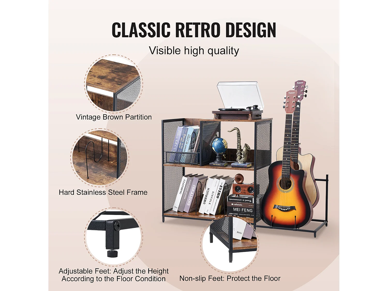 Meuble DVD SucceBuy Support pour Tourne-Disque, Support pour Platine Vinyle en Métal à 3 Niveaux avec Rangement pour Guitare