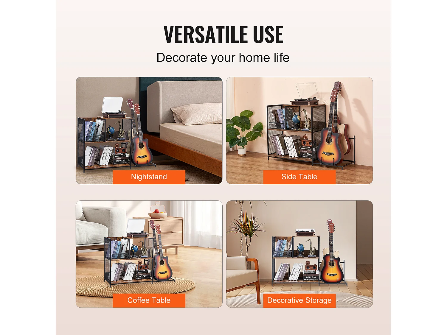 Meuble DVD SucceBuy Support pour Tourne-Disque, Support pour Platine Vinyle en Métal à 3 Niveaux avec Rangement pour Guitare