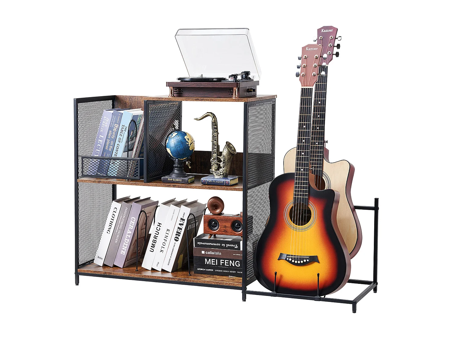 Meuble DVD SucceBuy Support pour Tourne-Disque, Support pour Platine Vinyle en Métal à 3 Niveaux avec Rangement pour Guitare